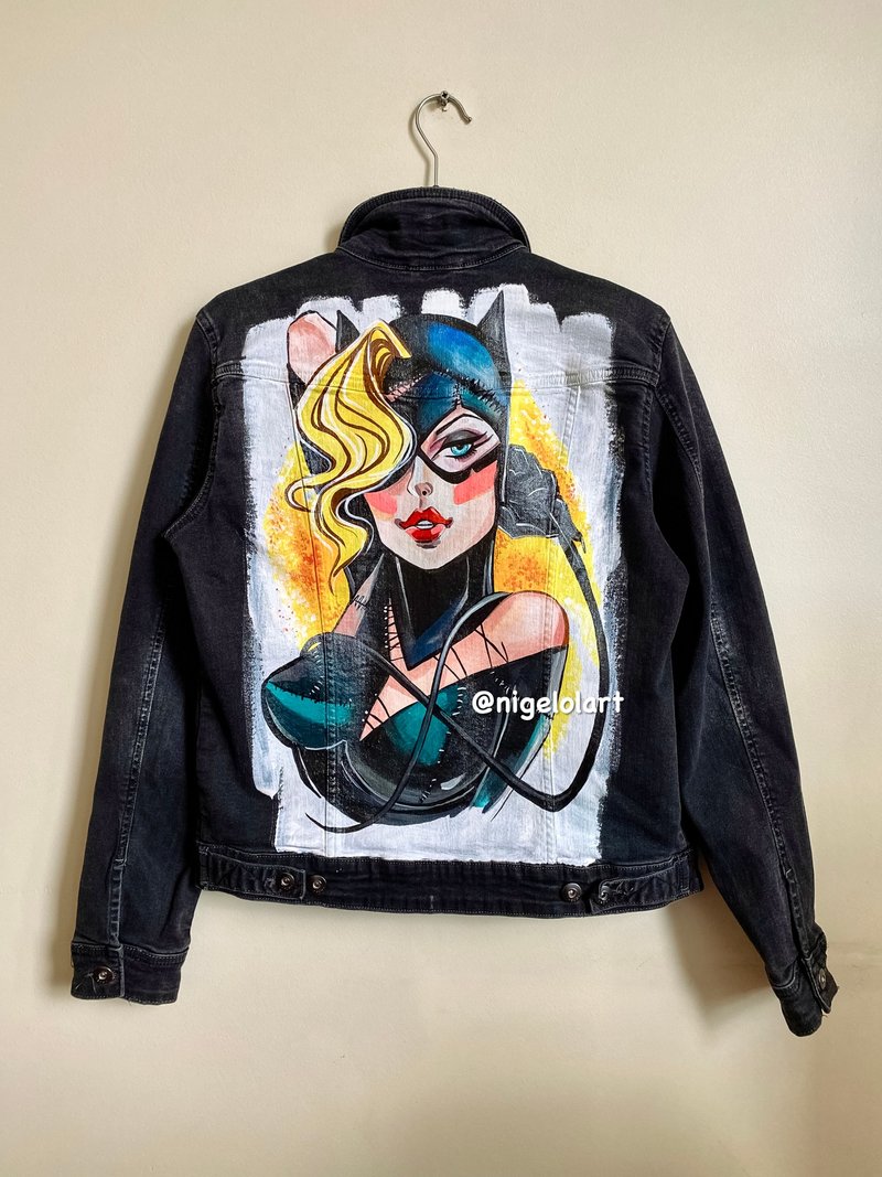 Cat-woman Batman Spider-Man Superman Painted denim jacket Customized jacket - 女大衣/外套 - 棉．麻 
