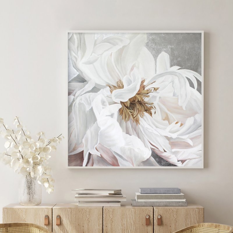 Peony Painting | Peony wall art | Peony painting oil | Silver silk flowers 3 - 壁貼/牆壁裝飾 - 棉．麻 白色