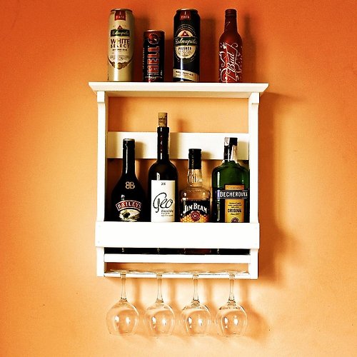 BEAVER's Craft Rustic whisky bottles rack with glass holder. Wooden bottles shelf mini bar.