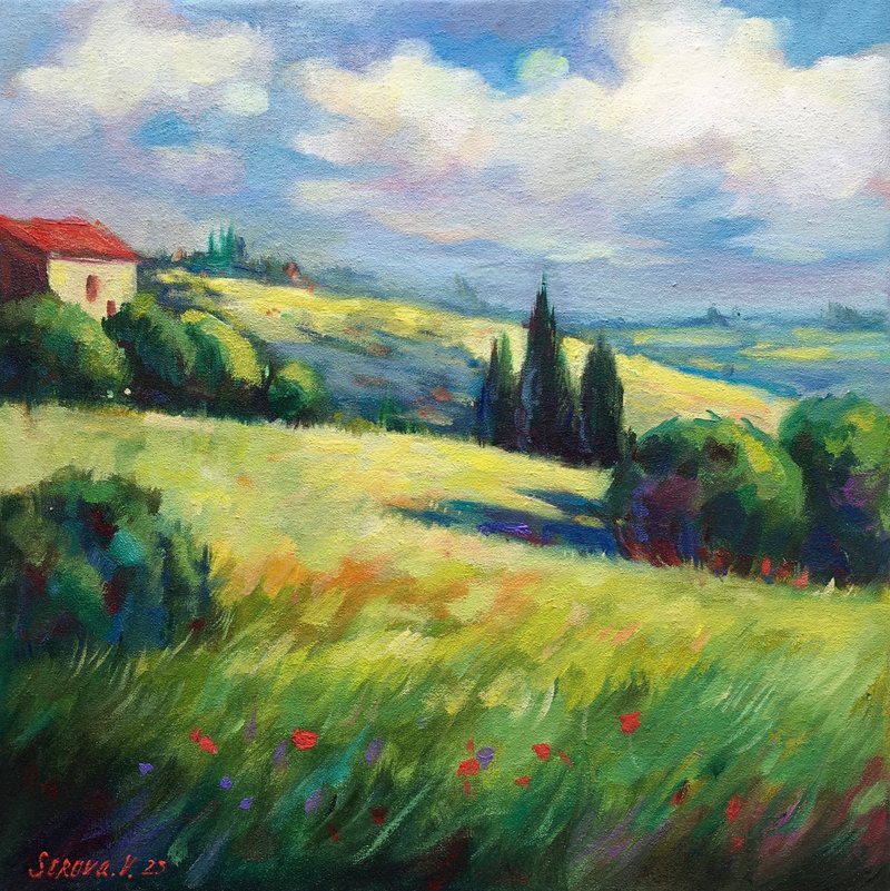 Landscape Painting on Canvas Tuscany Italy field green Original Art - 壁貼/牆壁裝飾 - 其他材質 綠色