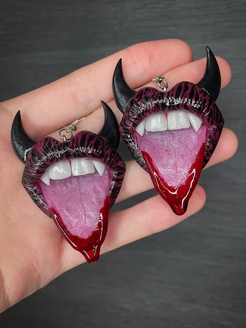 Earrings. Monstrous lips with blood drips. - Earrings & Clip-ons - Clay 