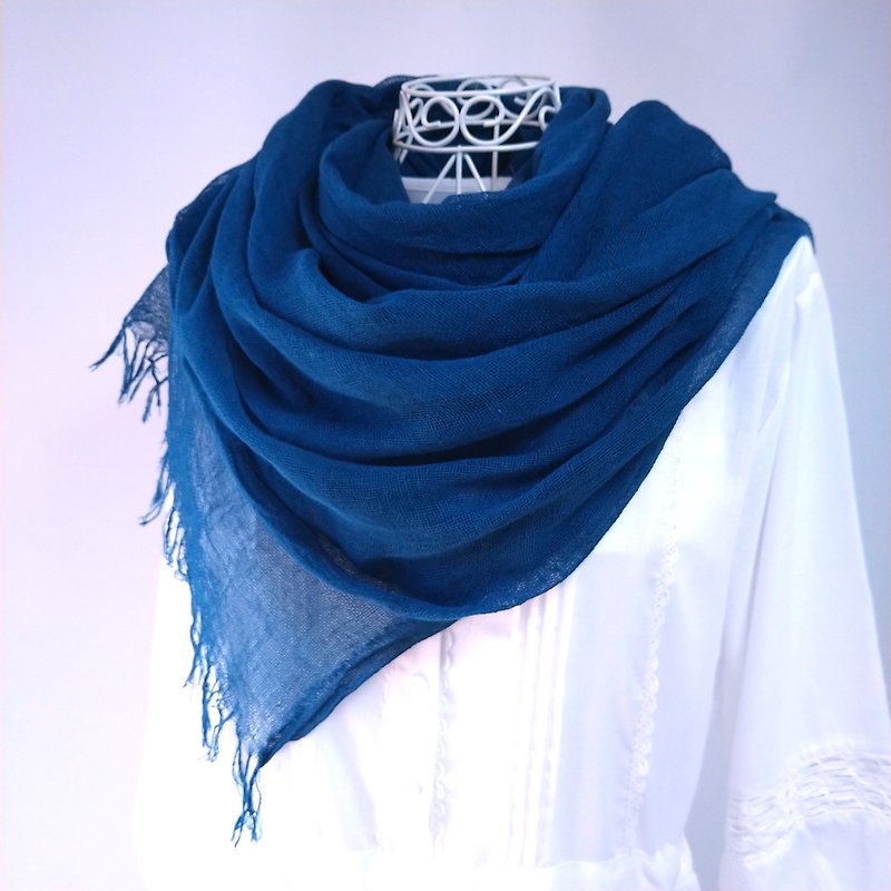 Indigo dyed, softly enveloping, mosquito net weave, large cotton long stole - Knit Scarves & Wraps - Cotton & Hemp Blue