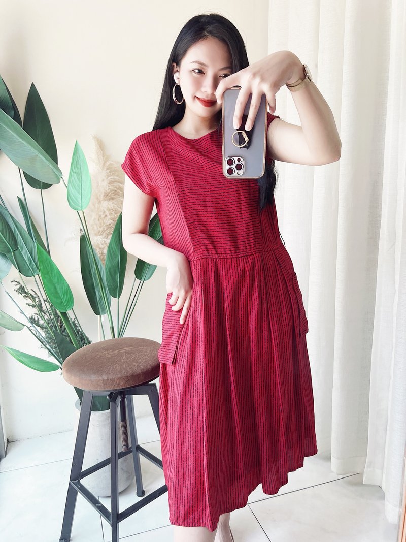 豔紅細直橫雙紋烈焰優雅 古著洋裝連衣裙連身裙 vintage dress - 洋裝/連身裙 - 聚酯纖維 紅色