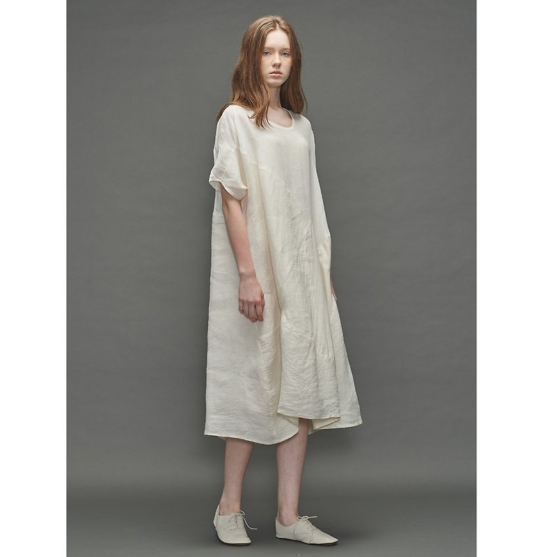 1701C0612 ( 棉麻圓領不對稱長洋裝 ) - 洋裝/連身裙 - 紙 