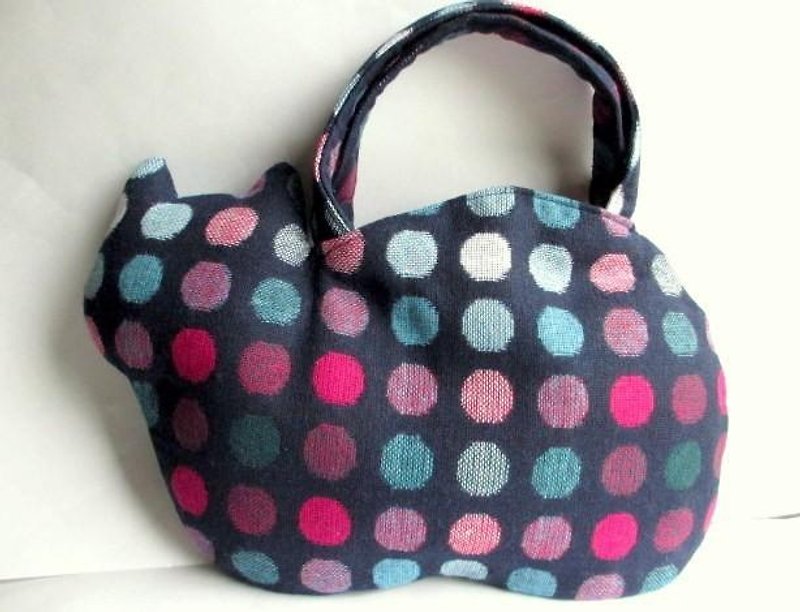 New color new work! Woolen cat bag * colorful dot navy - กระเป๋าถือ - ผ้าฝ้าย/ผ้าลินิน สีน้ำเงิน