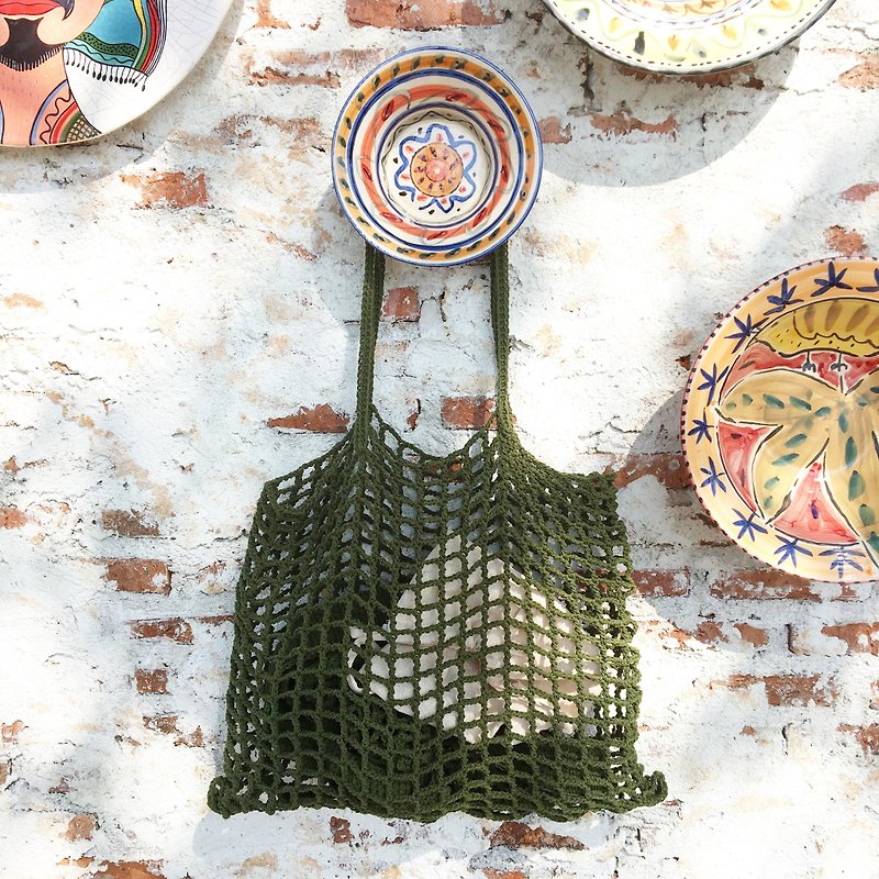 Dark green Nagridia Crochet Bag - กระเป๋าถือ - ผ้าฝ้าย/ผ้าลินิน สีเขียว