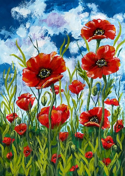 vernissage-VG-galery Scarlet poppies on the field under clouds. Painting Gouache