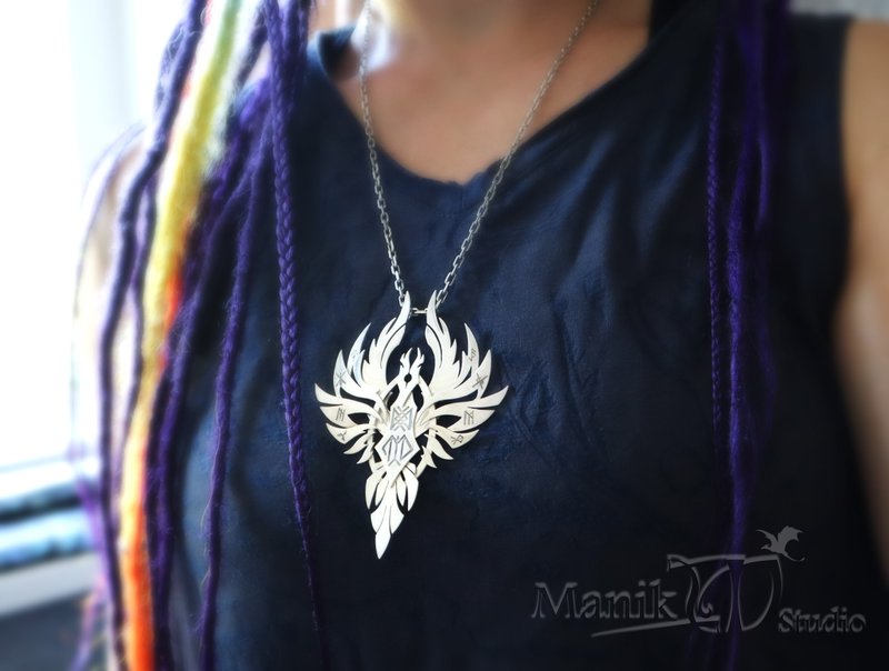 Pendant Phoenix | Handmade Jewelry | Symbols and runes | Fantasy phoenix - สร้อยคอ - โลหะ สีเงิน