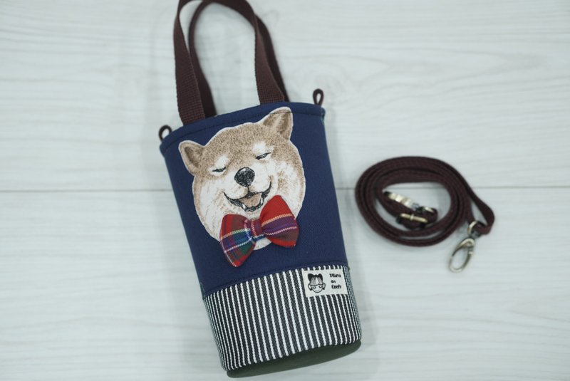 2WAY円筒型ボトルホルダー / ボトルバッグ 大きな顔の柴犬 グリーン / ダークブルー - ドリンク・カップホルダー - コットン・麻 多色