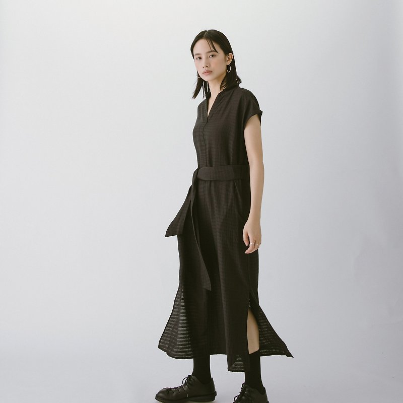 Long Slit Hem Dress-Black Stripes - One Piece Dresses - Cotton & Hemp Black