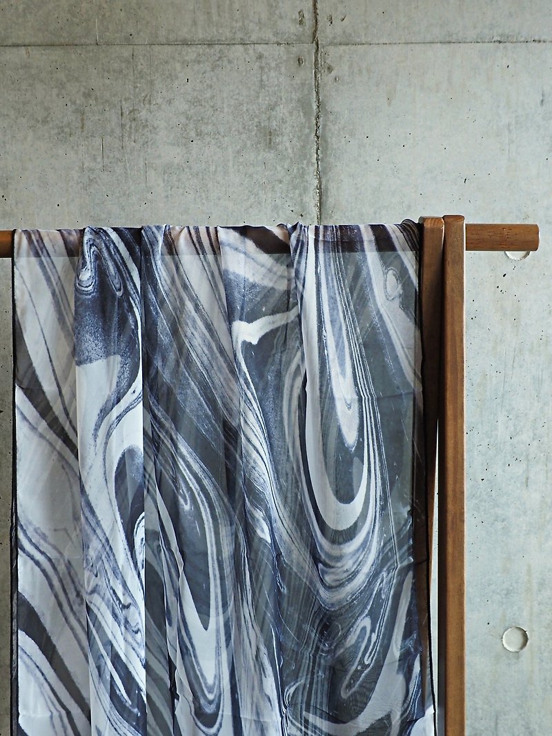 Long silk scarf with black and white water painting - Scarves - Other Materials Black