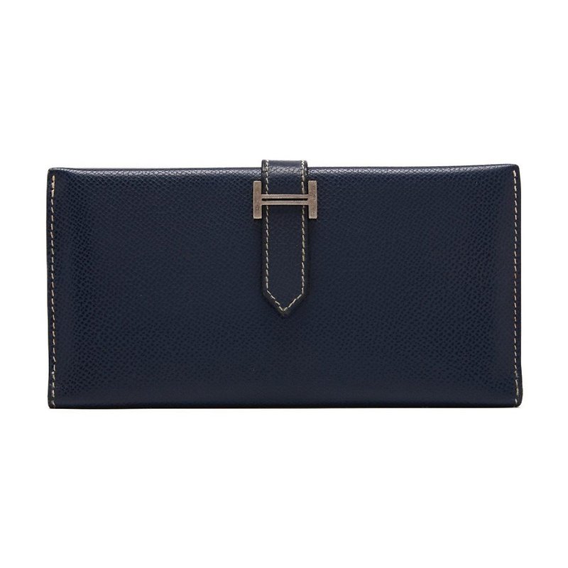 [With dust bag] Second-hand Hermes navy blue leather Bearn long silver wallet long clip clutch bag - Wallets - Genuine Leather Blue