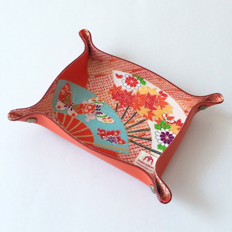 Leather tray with Japanese Traditional Pattern, Kimono - Storage - Genuine Leather Orange