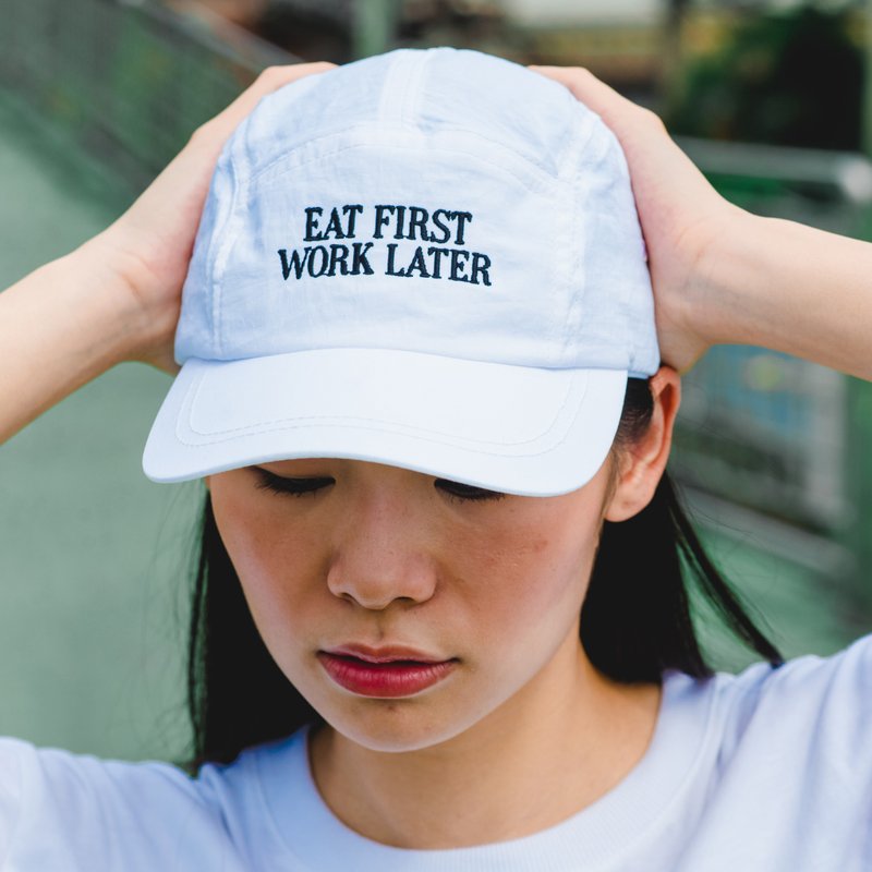 EAT FIRST WORK LATER, Nylon Cap (White) - Hats & Caps - Nylon White