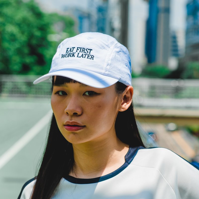 EAT FIRST WORK LATER, Nylon Cap (White) - 帽子 - 尼龍 白色