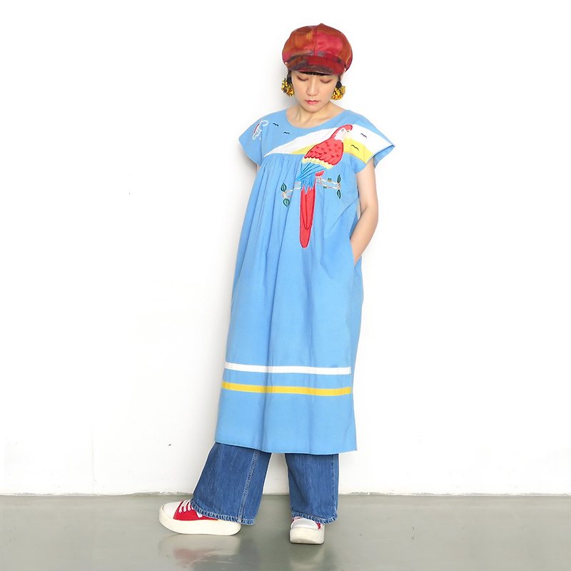 American Cotton Print Umbrella Dress Patio - Blue Sky Parrot - One Piece Dresses - Cotton & Hemp Multicolor