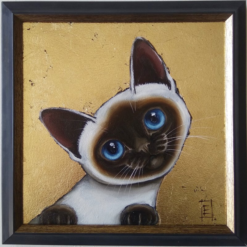 暹羅小貓油畫金箔動物圖片貓藝術 - 壁貼/牆壁裝飾 - 其他材質 金色