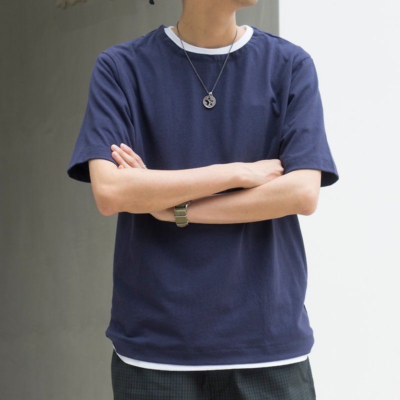 T-SHIRT 夏日層次短袖T恤 日系純色假2件層次設計TEE CITYBOY - T 恤 - 棉．麻 藍色