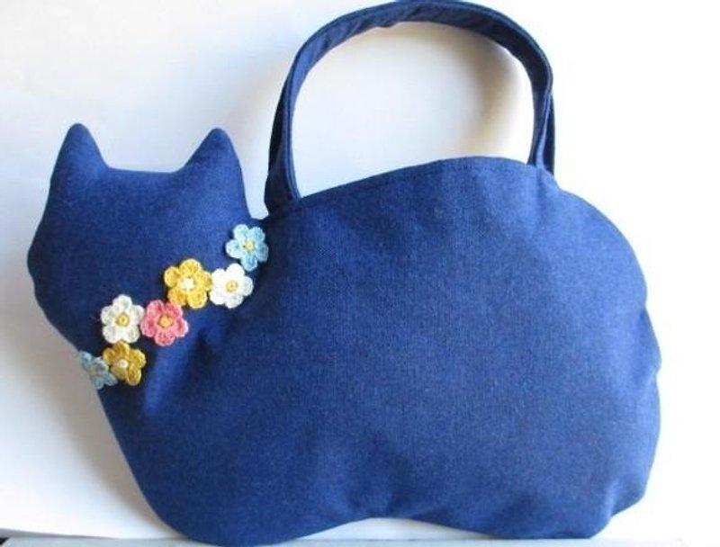 ウールのブルーネコバッグ A お花モチーフ付き - 手提包/手提袋 - 棉．麻 藍色