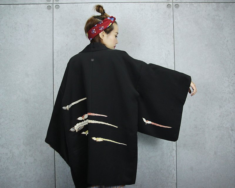 Tsubasa.Y Ancient House House painted colorful fern Japanese feather weave, Vintage Haori - เสื้อแจ็คเก็ต - ผ้าไหม สีดำ