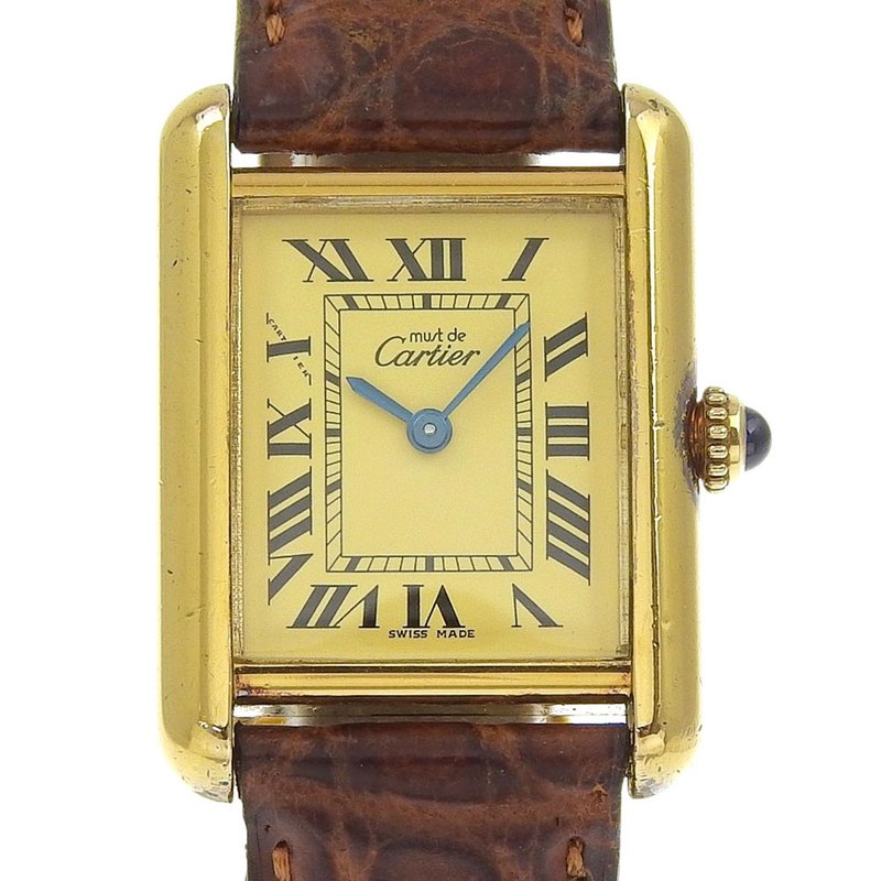 【日本直送】カルティエ CARTIER マストタンクSM 腕時計 cal.057 シルバー925×レザー クオーツ アナログ表示 ゴールド文字盤 【中古】 - 女錶 - 銀 金色