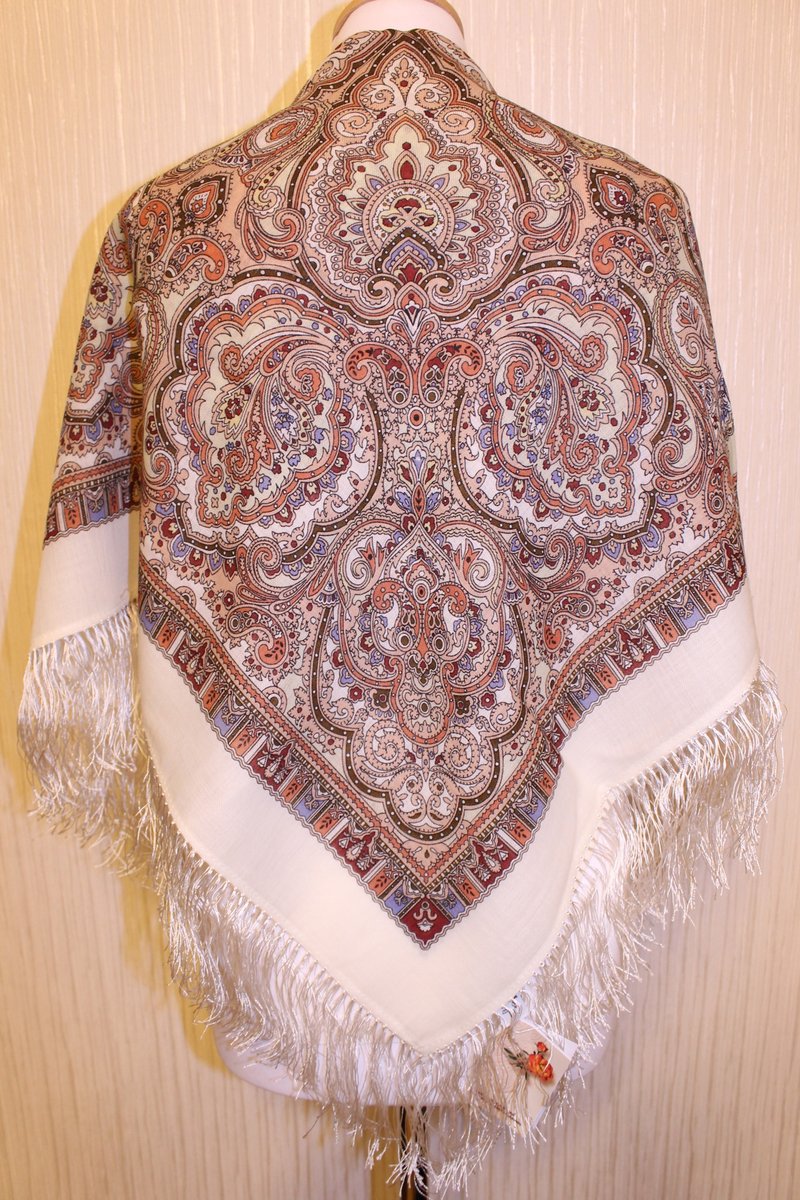 Authentic Pavlovo Posad Russian Shawl Scarf Soft 100% Wool 89x89 cm 529-8 - 絲巾 - 羊毛 白色