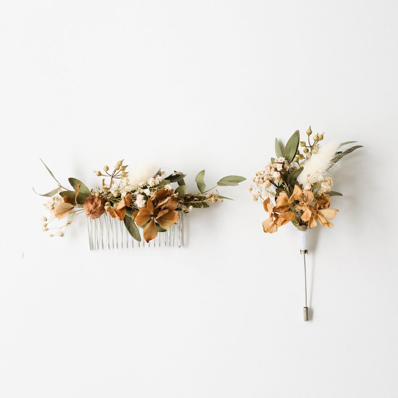 Marry Me : Dry Flower Hair Comb + Brooch - 髮夾/髮圈 - 植物．花 咖啡色