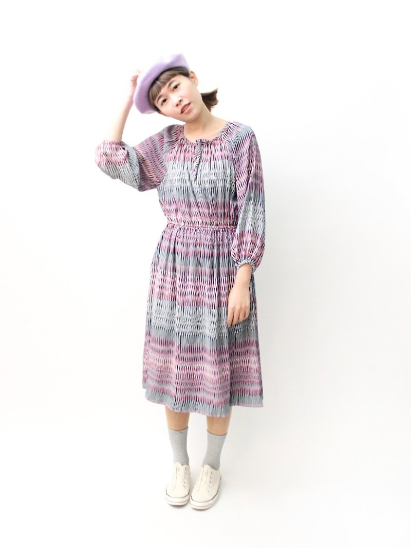 [RE0503D1162]レトロな緩い薄い春と夏の長袖の灰色の紫色の幾何学的なヴィンテージのドレス - ワンピース - ポリエステル グレー