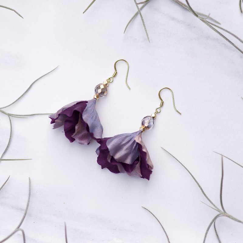 Natasha | Purple Satin Fabric Flora Earring with Crystal and Golden Plating Hook - Earrings & Clip-ons - Other Materials Purple