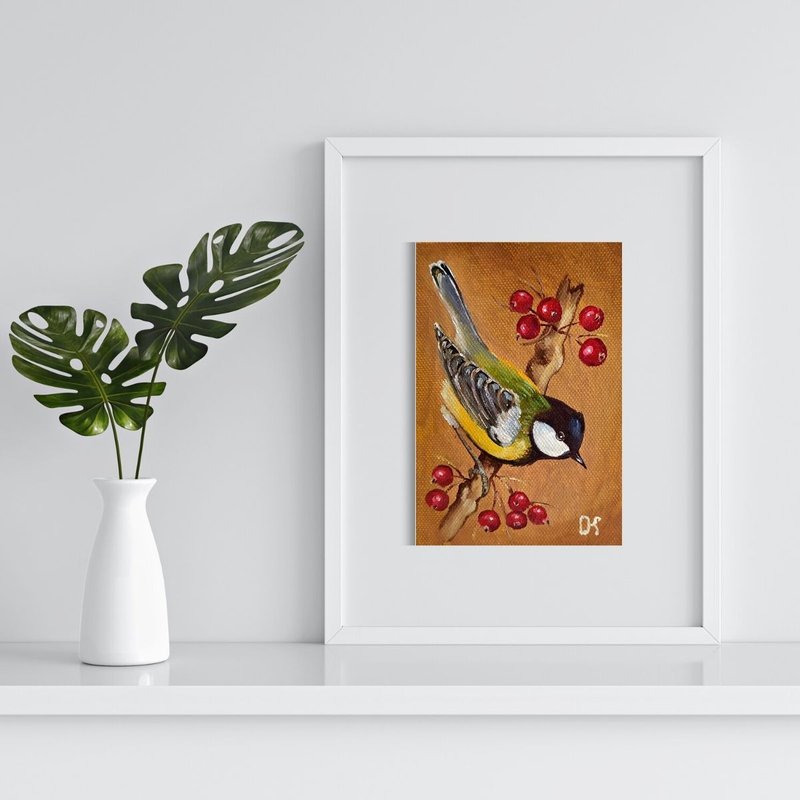 Bird painting Chickadee original oil painting Mini art Animal Wall decor, 原畫 - 海報/掛畫 - 其他材質 多色