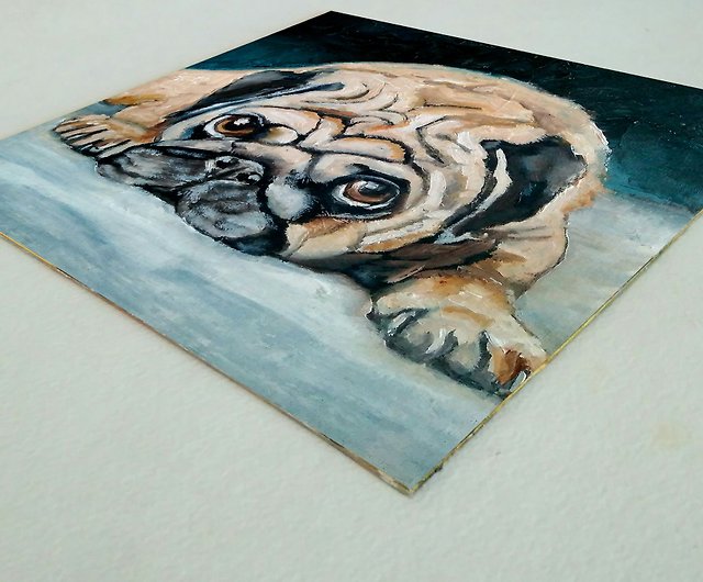 パグオリジナルの油絵、犬のアートワーク、面白いペットの肖像画、動物 