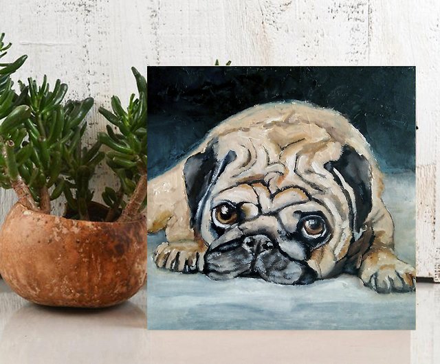 パグオリジナルの油絵、犬のアートワーク、面白いペットの肖像画、動物 