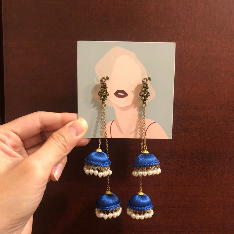 Indian style handmade Embroidery thread earrings double layer blue peacock / length and color can be customized - ต่างหู - งานปัก หลากหลายสี