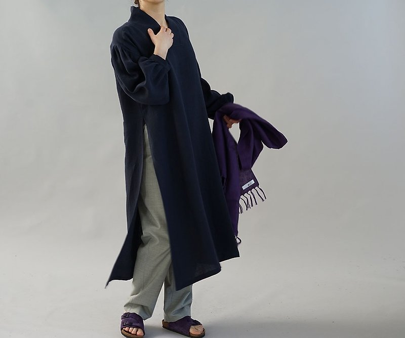 wafu - 純亞麻洋裝 Midweight Crepe Weaved Linen Kimono Dress / navy a084e-neb2 - ชุดเดรส - ลินิน สีน้ำเงิน