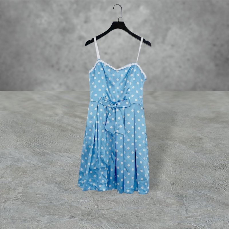 Second-hand blue and white polka dot print glossy low-cut dress OPD507 - ชุดเดรส - เส้นใยสังเคราะห์ สีน้ำเงิน