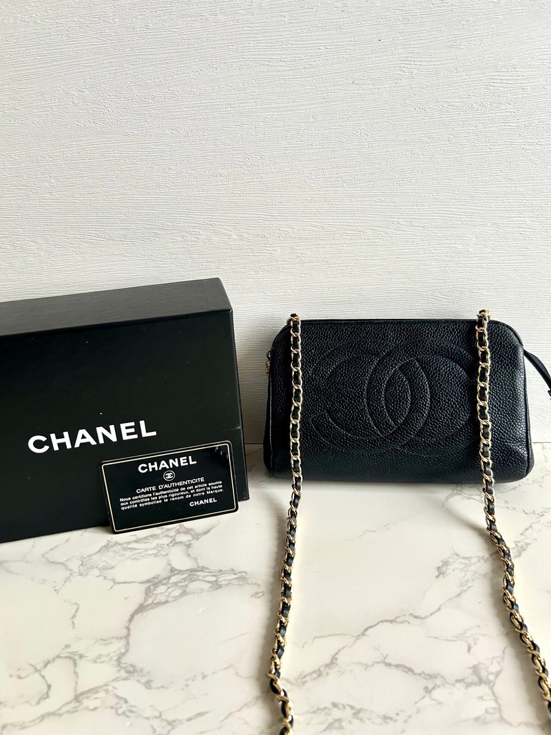 [LA LUNE] Second-hand Chanel black caviar leather handbag side cross-body long clip shoulder bag - กระเป๋าแมสเซนเจอร์ - หนังแท้ สีดำ