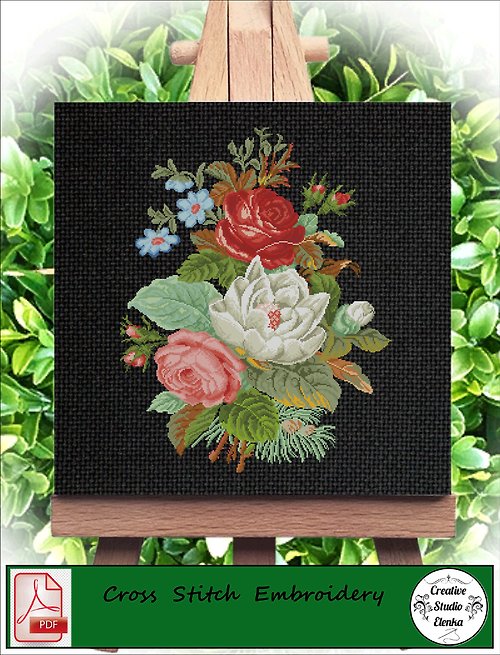 CreativeStudioElenka Vintage Cross Stitch Scheme Bouquet of flowers - PDF Embroidery Scheme