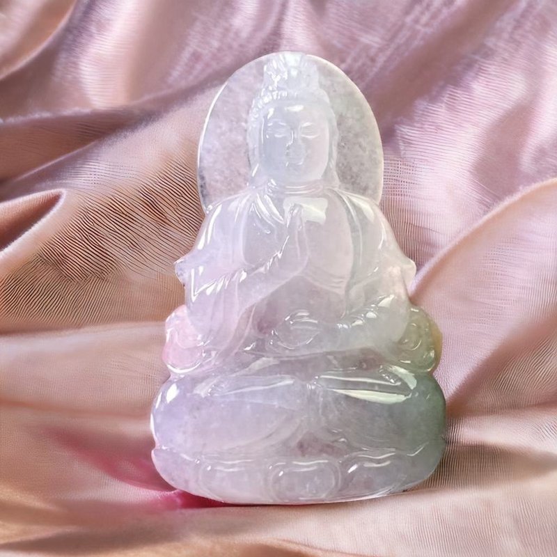 Ice type floating flower jade carved Guanyin Bodhisattva necklace | Natural Burmese jade A grade jade | Gift - Necklaces - Jade Multicolor