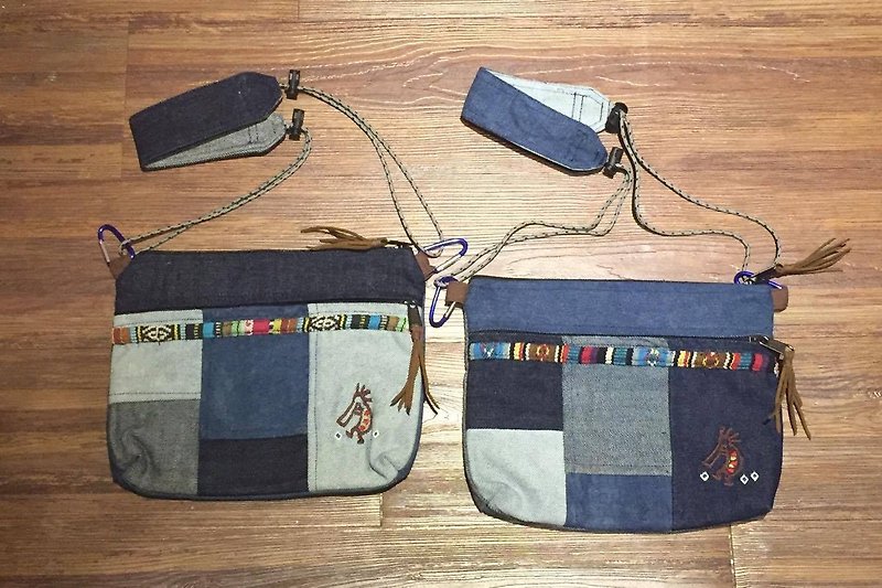 ☼One Line Work embroidery stitching denim Indiana guardian spirit carry bag ☼ (dark blue right) - Messenger Bags & Sling Bags - Cotton & Hemp Multicolor