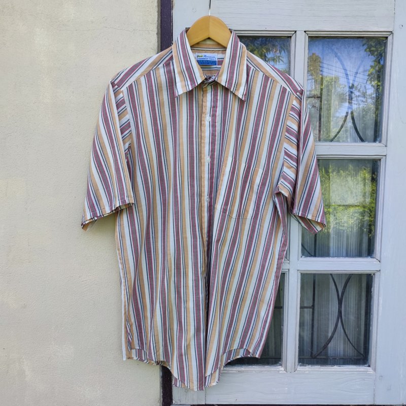 Vintage Genesis Permanent Press Striped Casual Shirt - เสื้อเชิ้ตผู้ชาย - ผ้าฝ้าย/ผ้าลินิน สีนำ้ตาล