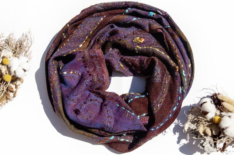 喀什米爾Cashmere/水煮羊毛披肩/針織圍巾/刺繡圍巾/羊絨披巾-花 - 圍巾/披肩 - 羊毛 多色