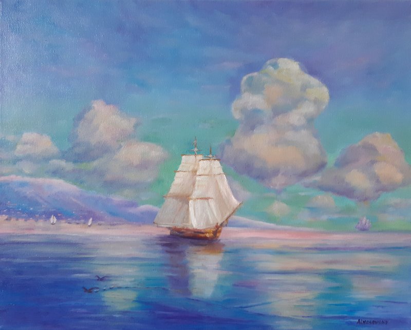 油絵、キャンバス、海上の船、海岸近く、複製 アイヴァゾフスキー - その他 - その他の素材 ブルー