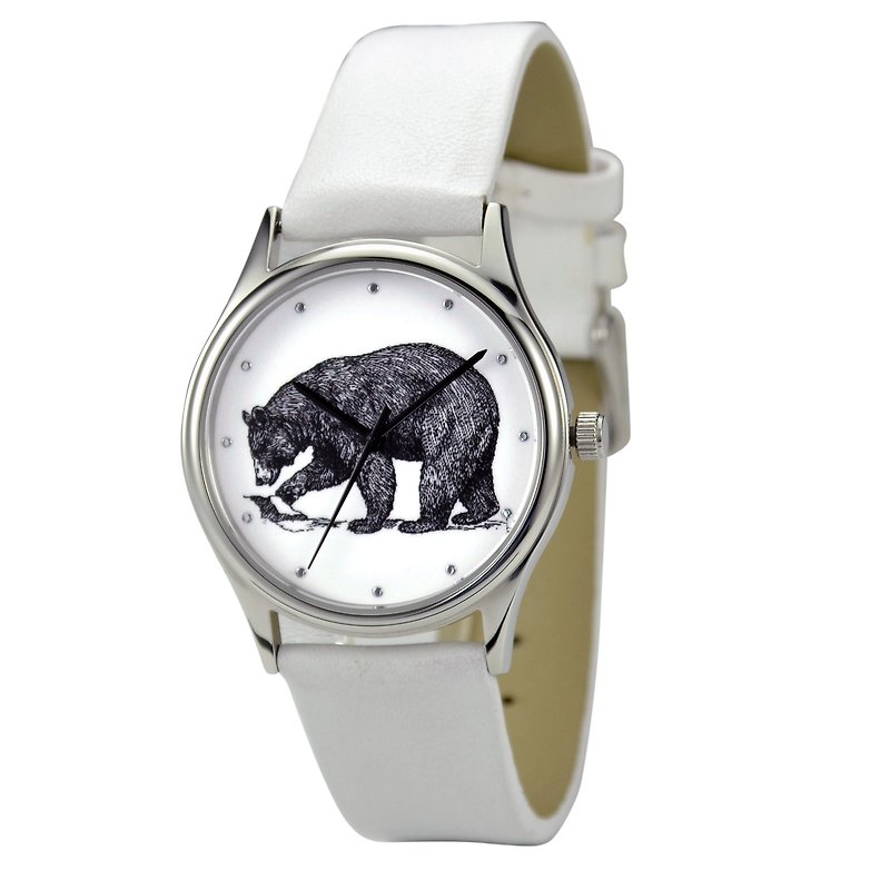 動物（ツキノワグマ）イラストウォッチホワイトベルトニュートラルデザイン世界中送料無料 - 腕時計 ユニセックス - ステンレススチール ホワイト