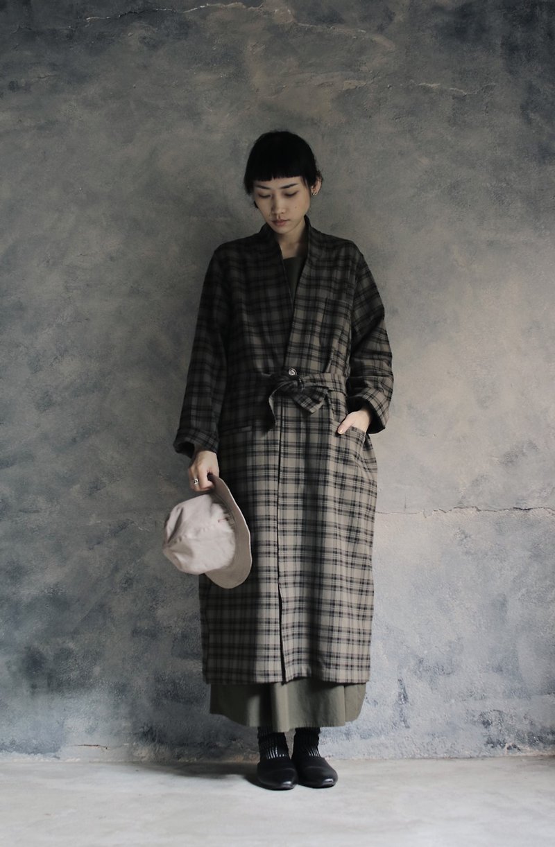 OMAKE.jp Single Button Tie Long Coat Omagown Tea Check