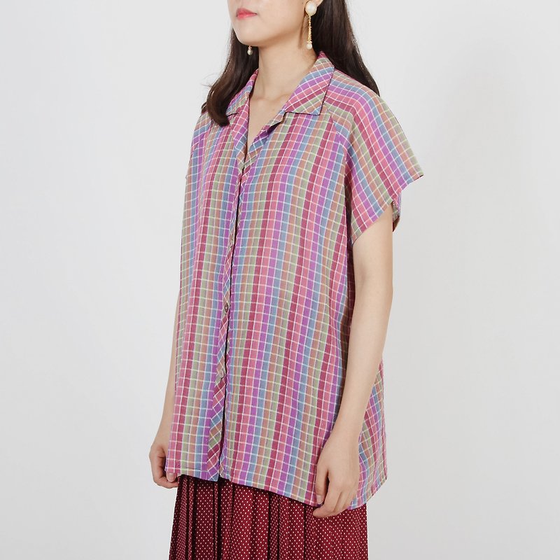 [Egg Plant Vintage] Plum Fruit Check Print Half Sleeve Vintage Shirt - Women's Shirts - Polyester Multicolor