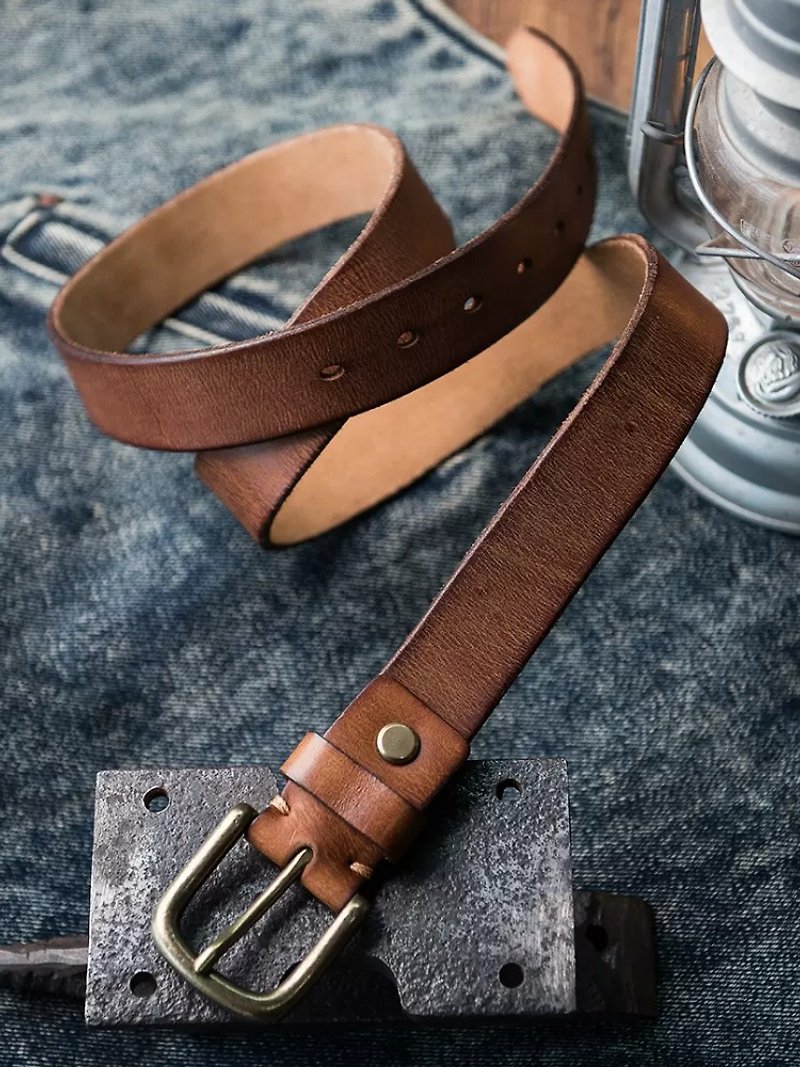 Wide 33MM Male Belt Vintage Genuine Leather Copper Buckle Waist Belts For Jeans - เข็มขัด - หนังแท้ สีนำ้ตาล