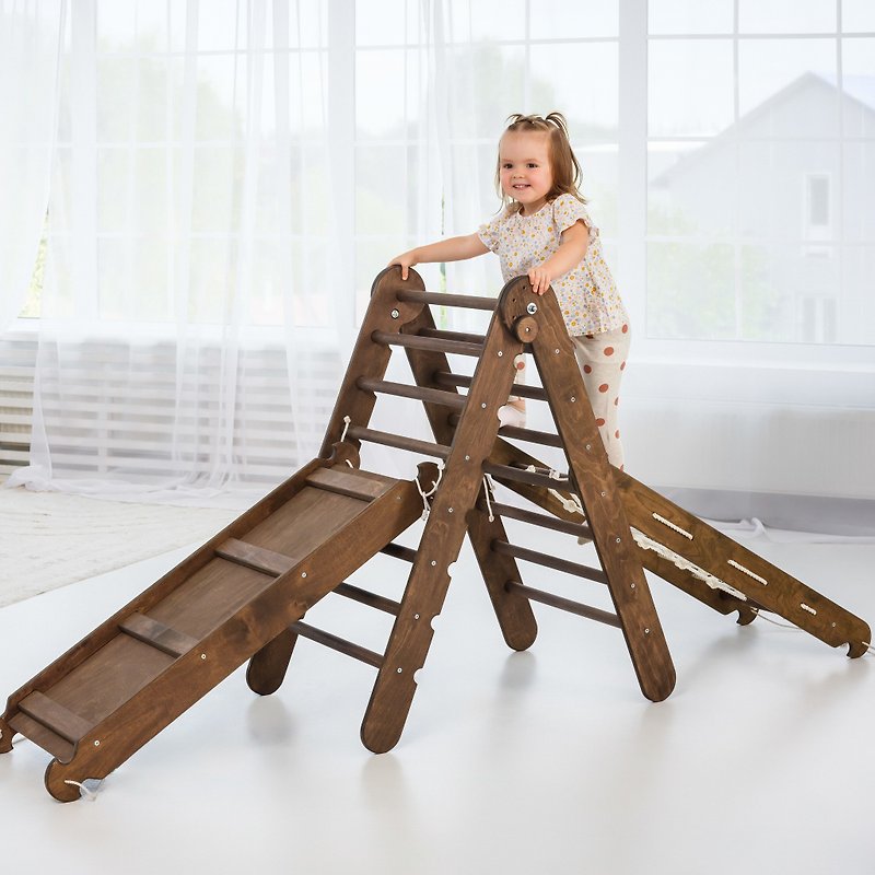 Montessori Climbing Set 3in1: Triangle Ladder +Climbing Net +Slide Board - Choco - Kids' Furniture - Wood Brown