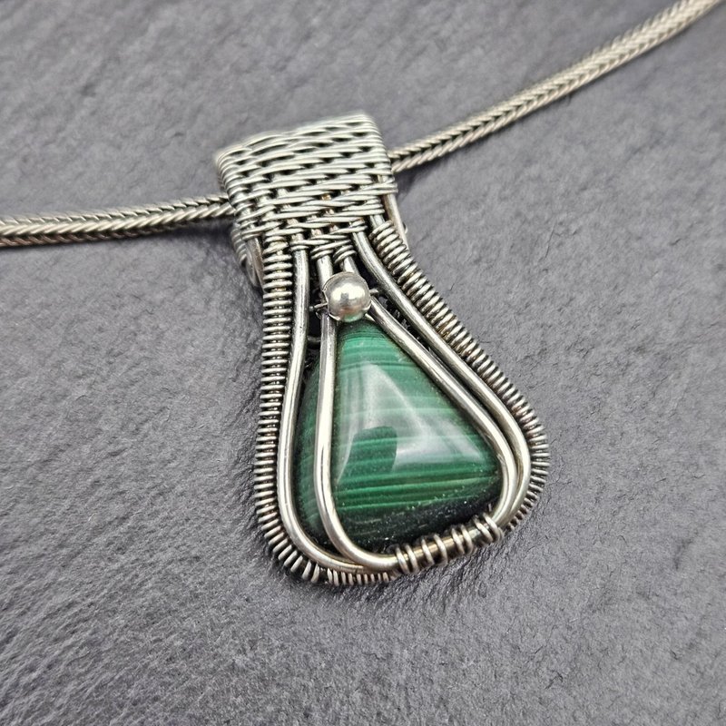 Malachite Wire Wrapped Pendant , Silver , Oxidized - Necklaces - Sterling Silver Green