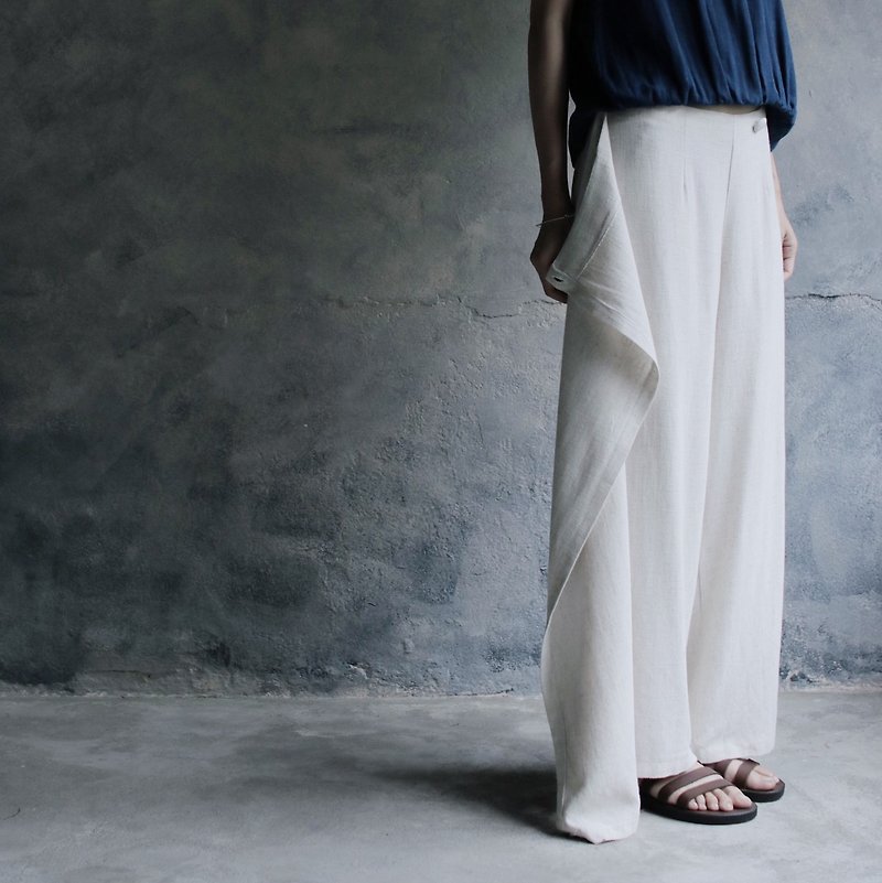 Front buckle back elastic trousers rice linen - กางเกงขายาว - ผ้าฝ้าย/ผ้าลินิน ขาว