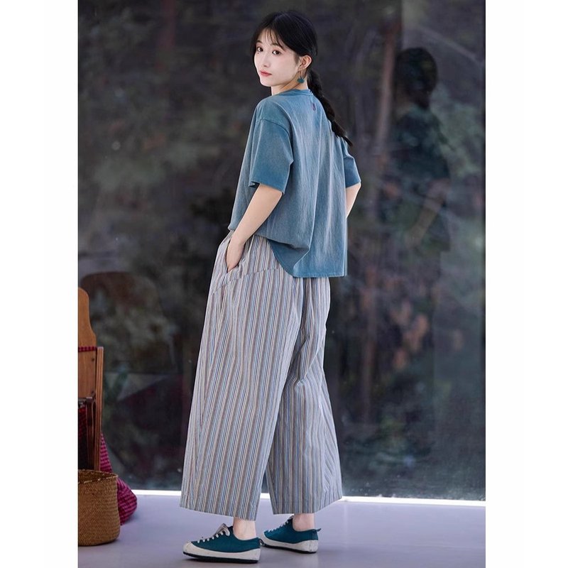 純棉透氣親膚涼感條紋褲 - 女長褲 - 棉．麻 